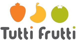 Logo Tutti Frutti con tres frutas coloridas y texto gris.