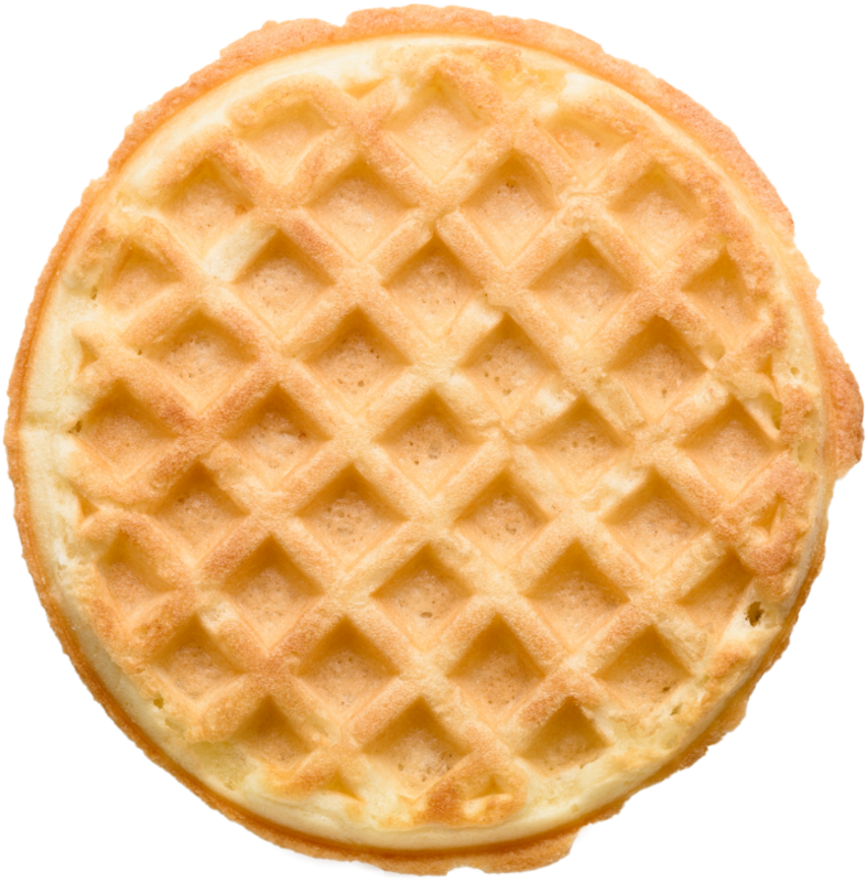 Waffle redondo dorado, vista superior, fondo blanco.